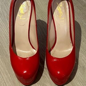 Saint Laurent Women's Red Leather Tribtoo 105 Platform Heel Pump Size 37